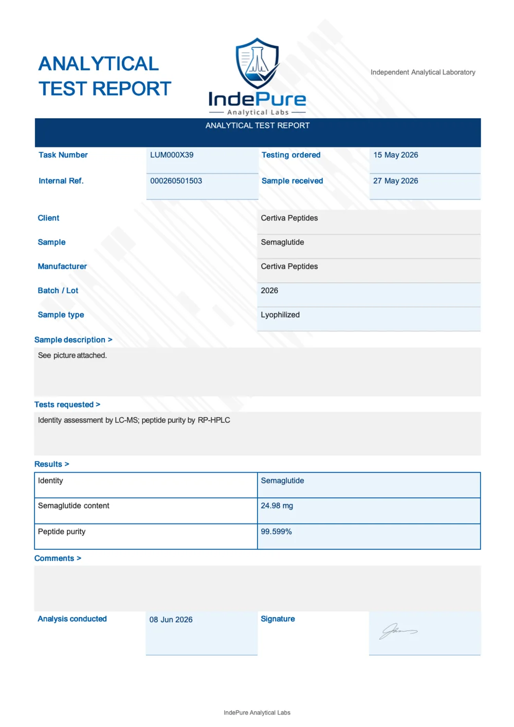 Certificate of Analysis — Certiva Semaglutide, batch 2026, 99.599% HPLC purity