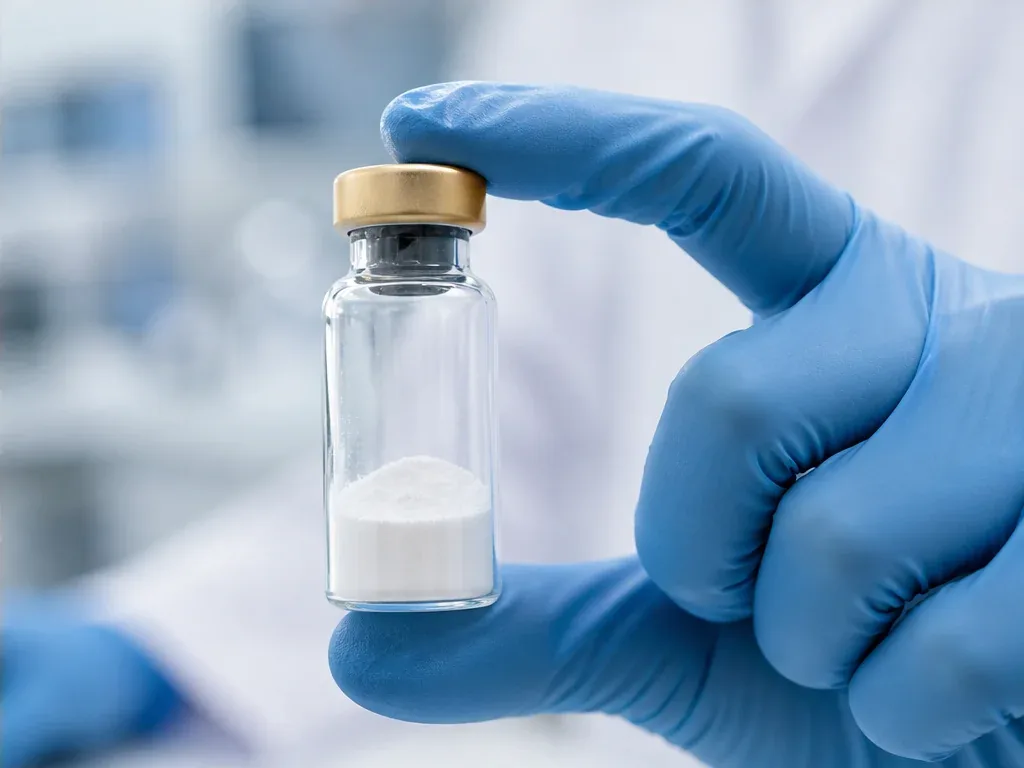 Sealed Certiva lyophilized research peptide vial containing a dry white cake