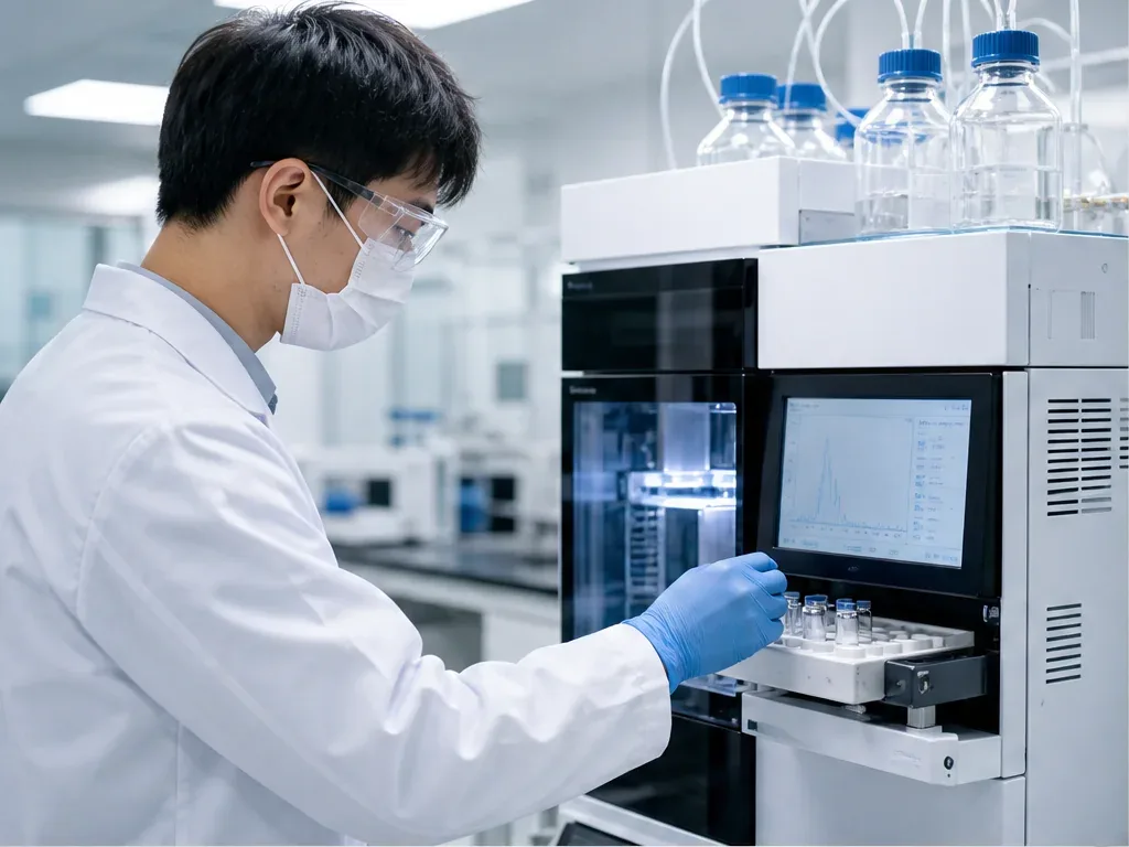 Laboratory technician operating HPLC equipment for peptide purity testing