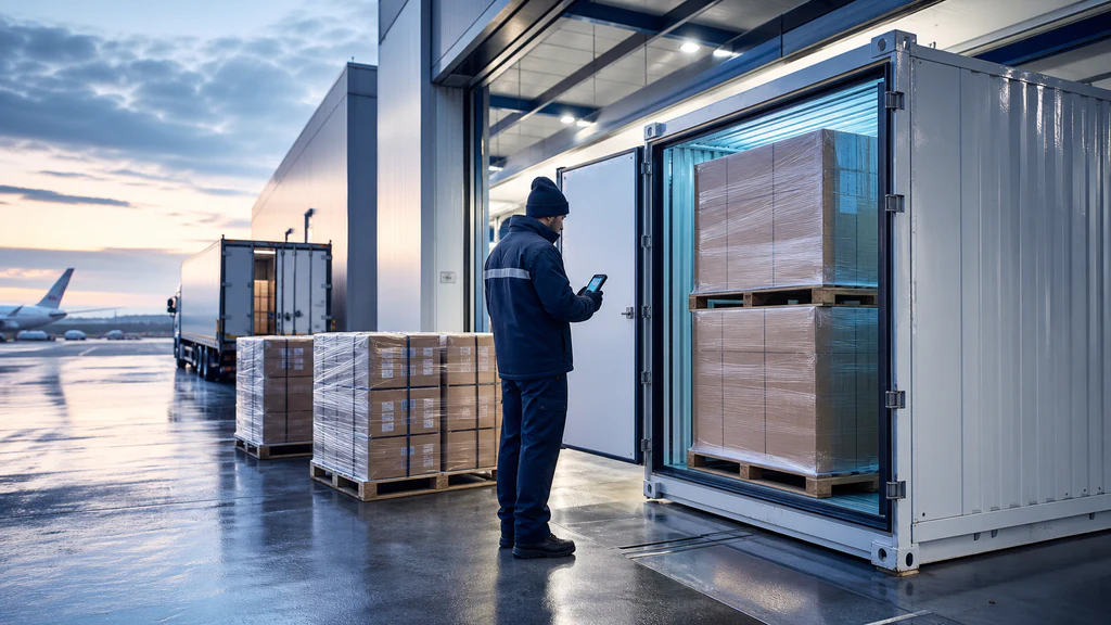 Cold-chain logistics specialist scanning palletized bulk peptide shipments for international dispatch