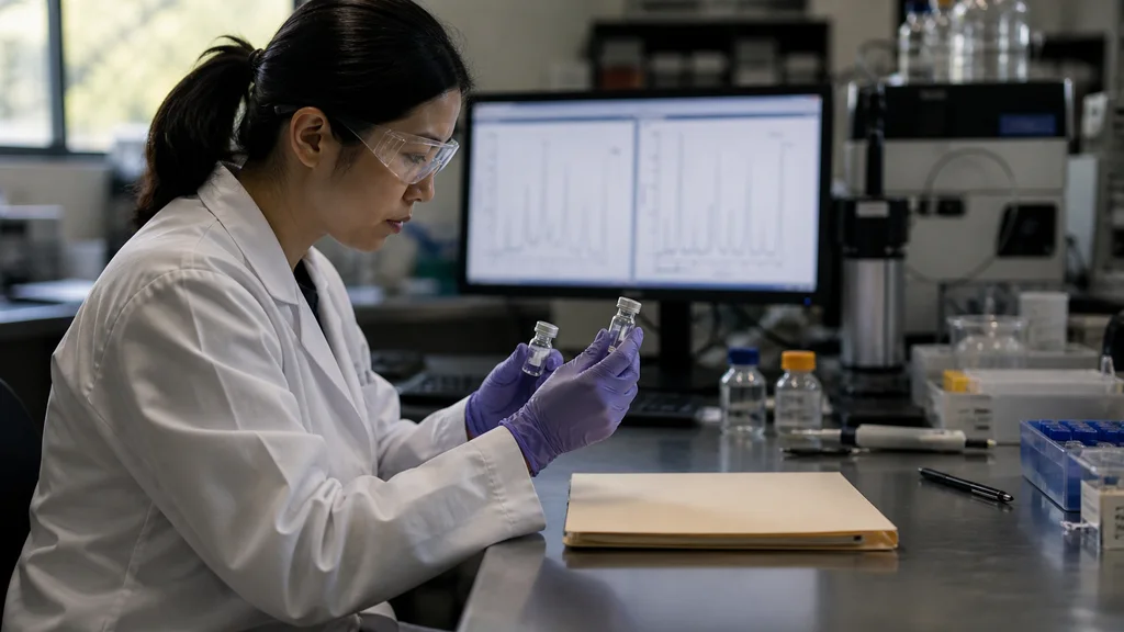 Laboratory scientist comparing two separate unlabeled research samples beside analytical instruments