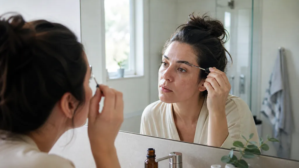 Woman applying a clear eyebrow serum with a spoolie in an ordinary bathroom mirror under natural morning light