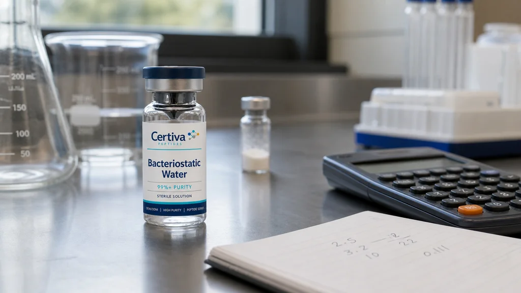 Certiva bacteriostatic water vial beside a calculator and laboratory notebook