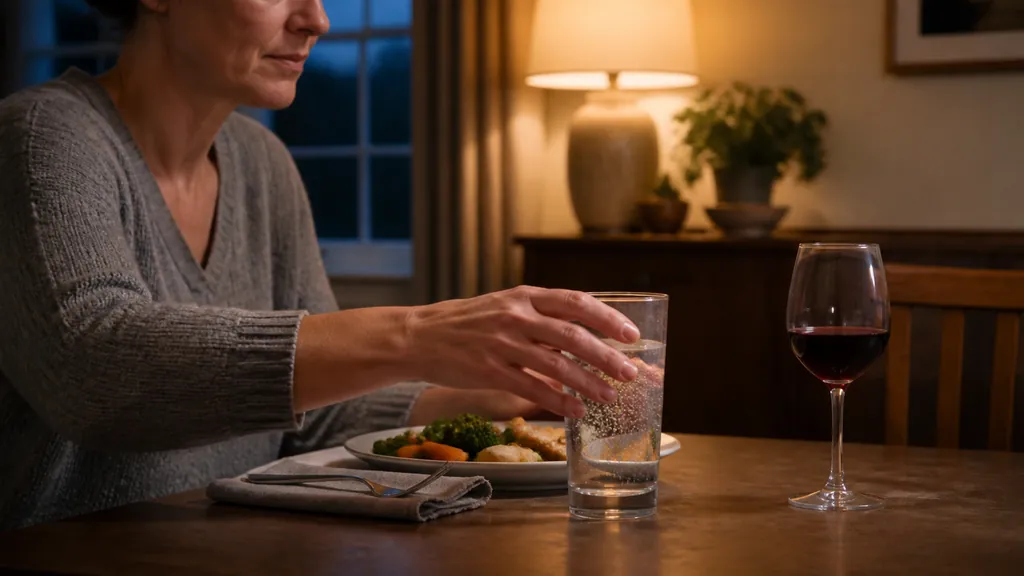Adult choosing sparkling water at an ordinary home dinner while a small glass of wine remains untouched
