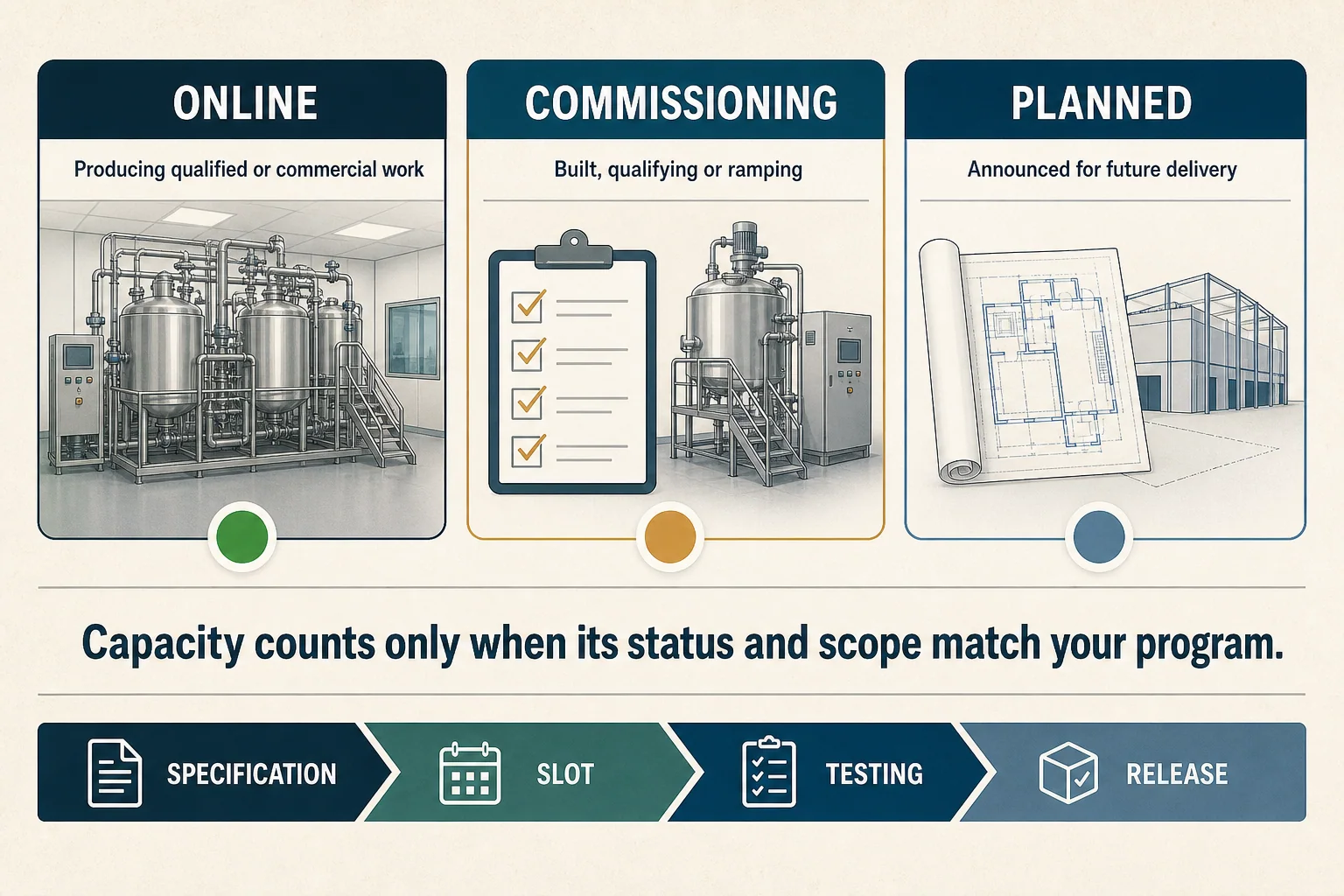 Peptide CDMO capacity status graphic separating online production from facilities in commissioning and facilities that are still planned