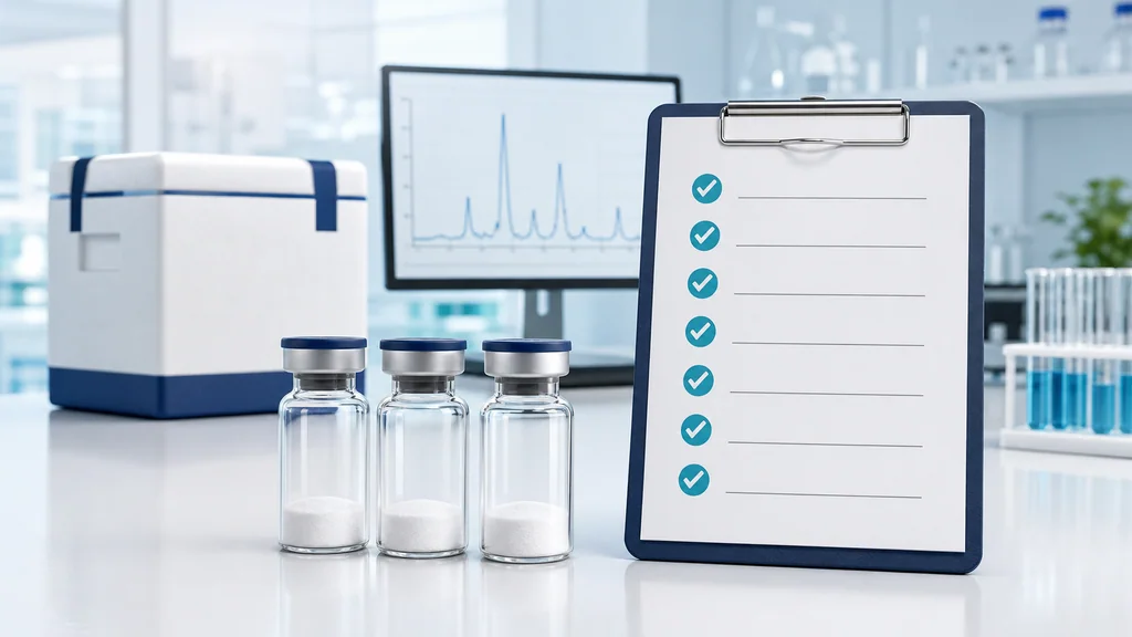 Illustrative supplier checklist with seven checks, research vials, batch testing, and shipping
