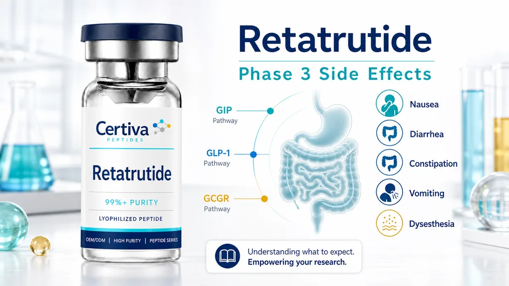 Certiva Retatrutide research vial beside a simple Phase 3 digestive side-effects guide