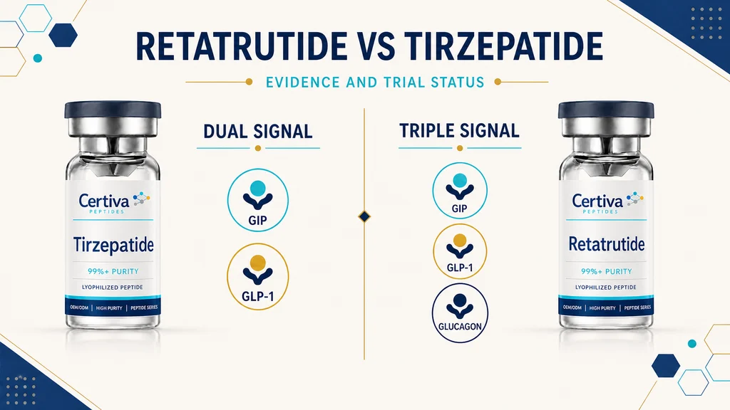 Evidence and trial status comparison of tirzepatide dual-receptor and retatrutide triple-receptor research vials