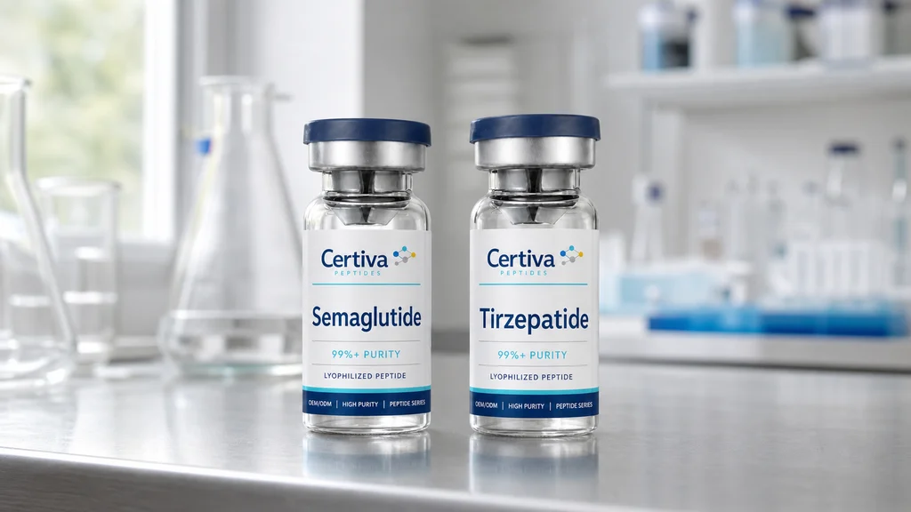 Certiva semaglutide and tirzepatide research peptide vials on a laboratory workbench