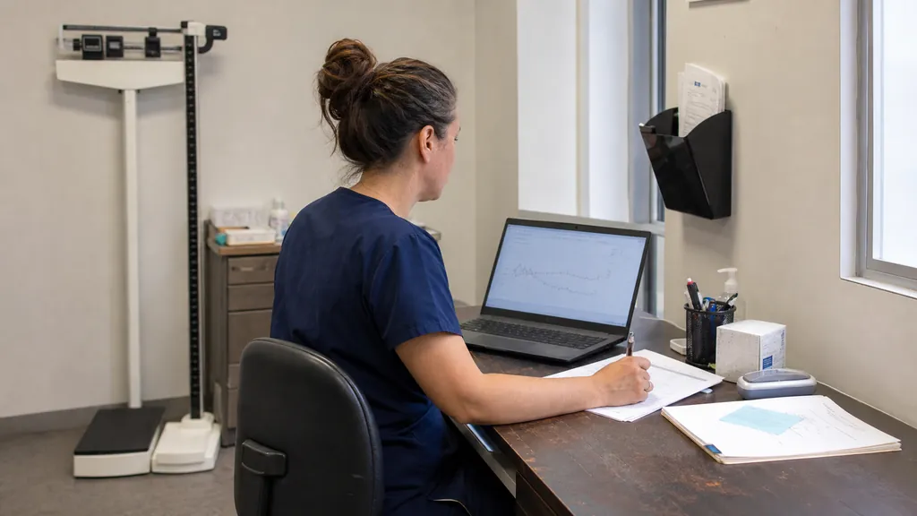 Clinical research coordinator reviewing an anonymized weight trend after a routine metabolic study visit