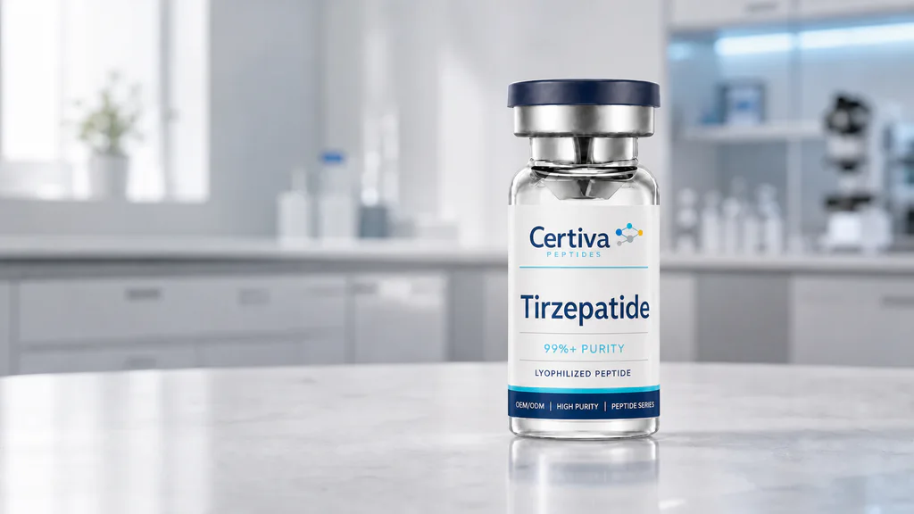 Certiva Tirzepatide research vial with two light paths representing GIP and GLP-1 signals