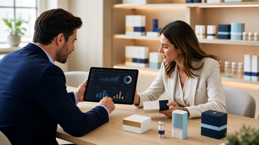 Wholesale buyers reviewing private-label packaging options and a repeat-order inventory dashboard